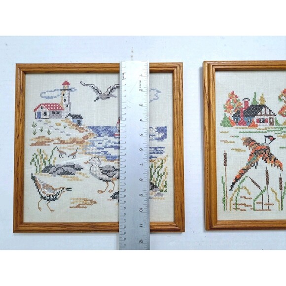 Framed Country Seashore Cross Stitch Set Lighthouse Seagull Beach Farm Marsh - Picture 6 of 6